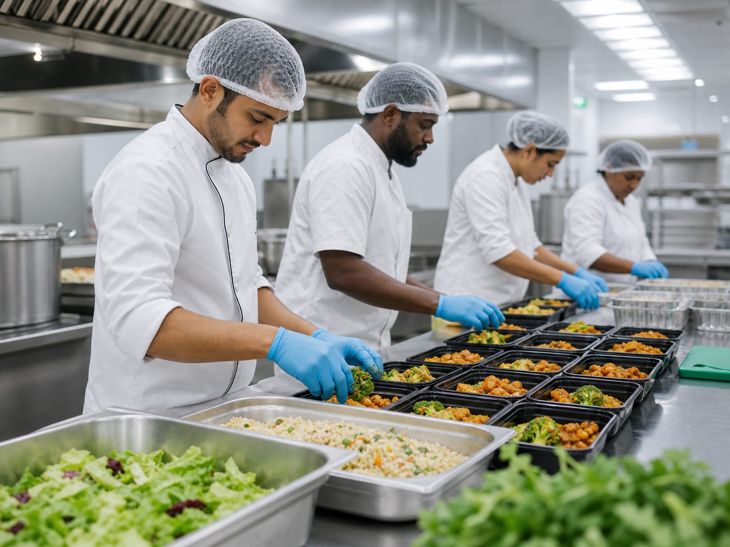 Bulk food preparation and packaging for corporate catering contracts